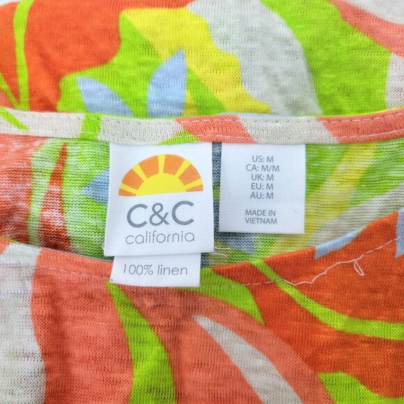 C&C California Womens Multicolor Linen Floral Print Short Sleeve Top M - Picture 2 of 4